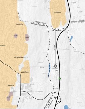 800 TIL 1000 METER UNNA: Oversikten viser avstand til de nærliggende boligområdene på Ødegården, Hellerasten, Sofiemyr og Tårnåsen. De ligger 800 til 1000 meter unna planområdet.