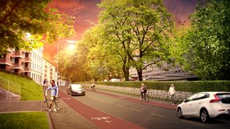 Slik ønsker Oslo kommune at sykkelveiene i byen skal være. De lager sine egne standarder. Illustrasjonen forestiller Åkebergveien.