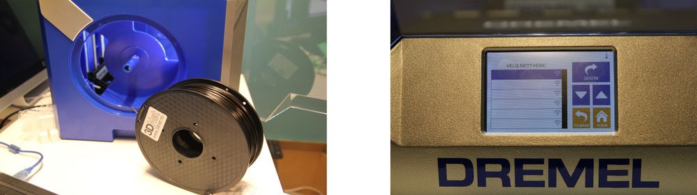 Spole PLA fra 3DNet som er for stor til å få plass i spoleholderen, men det fungerer likevel smertefritt å ha den stående ved siden av skriveren. Dremel 3D40 viser bare en blank liste over trådløse nettverk, og det går ikke an å velge noe i lista.