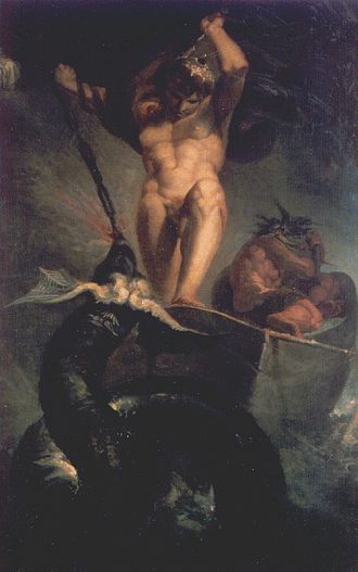Tor i jotnen Hymes båt slåss med Midgardsormen. Maleri av Johann Heinrich Füssli fra 1788.