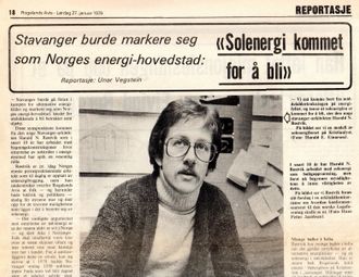 ”Stavanger burde markere seg som Norges energi-hovedstad, ikke som oljehovedstad”. sa Harald N. Røstvik til Rogalands Avis i 1979 (faksimile).