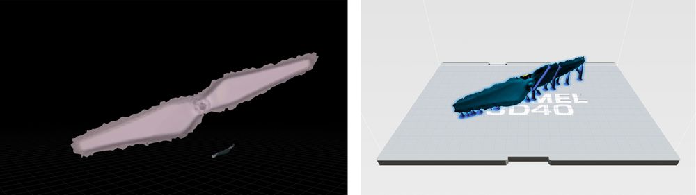 Propell til venstre etter et par skanninger, vårt beste resultat. Til høyre i Autodesk Print Studio. Støttestrukturer fungerer, men av en eller annen grunn går det ikke an å klikke på knappen for å tilføye støtteunderlag i programversjonen som følger med HP Sprout.