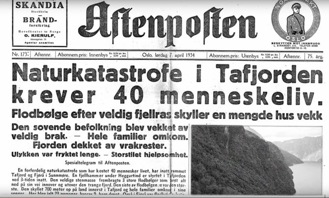 Tafjord-ulykka var en naturkatastrofe som fant sted natt til 7. april 1934 i Tafjorden på Sunnmøre. Et større fjellparti raste ut i fjorden og flodbølgen fra raset raserte store områder og drepte 40 mennesker i Fjørå og Tafjord. Foto: Aftenposten.