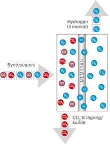 Illustrasjonen viser prinsippet for membranseparasjons­teknologien på Tjeldbergodden. Syntese­gassen består av CO2 og Hydrogen. Palladium ligger tynt utenpå perforerte rør. Kun hydrogenmolekyler slipper igjennom og fanges opp inne i rørene og føres videre. CO2 håndteres separat og kan lagres eller håndteres på annen måte.