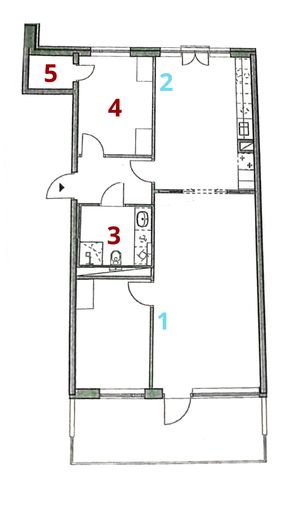 Slik ser testleiligheten ut. 1 og 2 er plasseringen av Velop-enhetene, resten er punktene som vanligvis er problemområder i leiligheten. .