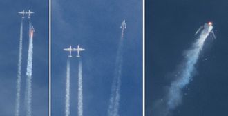 Denne bildesammenstillingen viser hvordan SpaceShipTwo først separeres fra bæreflyet White Knight Two og senere havarerer under en testflygning over Mojave-ørkenen fredag 31. oktober 2014.