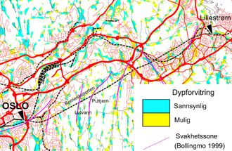 Dypforvitret fjell er tolket med blå og gule farger i Østmarkaområdet utenfor Oslo. Romeriksporten er vist sammen med observerte svakhetssoner med lilla farge. Datasettene bekrefter at den såkalte Amager-metoden, basert på flymagnetiske data og en digital terrengmodell, fungerer i dette området.