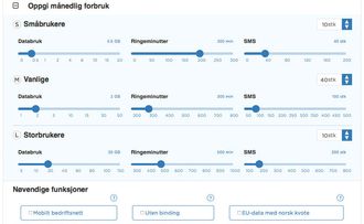 Slik ser mobilkalkulatoren ut. Du kan selv velge hvor mange ansatte med lite, middels og stort forbruk bedriften har, og om det er viktig med for eksempel mobilt bedriftsnett.