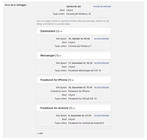 Slik ser Facebooks oversikt over innloggede enheter ut. Vi skulle ønske vi fikk noe lignende fra overvåkningskameraene i denne testen.