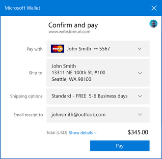 Payment Request API integreres med systemet elektroniske lommebok, her Microsoft Wallet. Det gjør at brukeren slipper å taste inn betalings- og kontaktinformasjon før man handler i en nettbutikk.