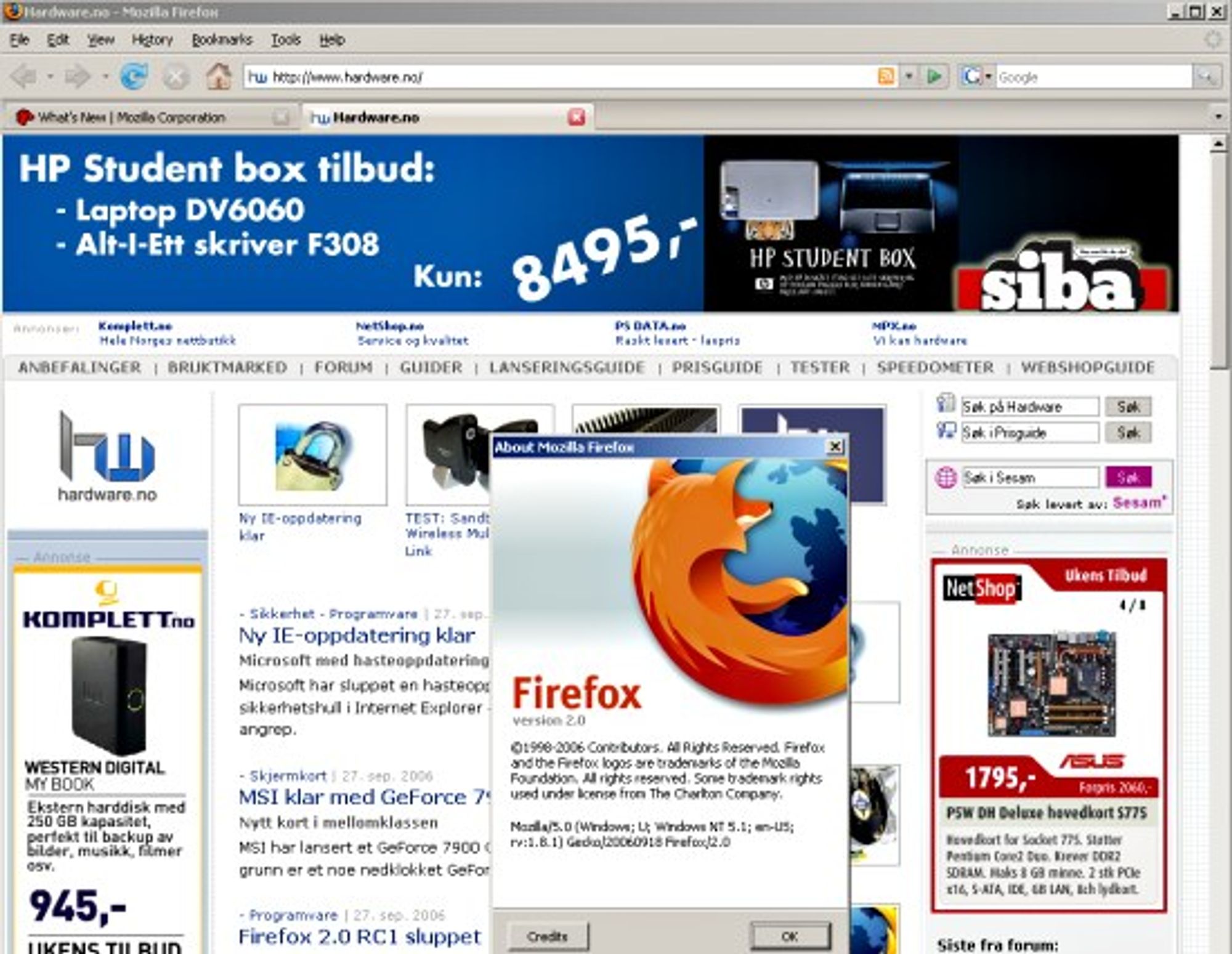 Skjermbilde fra Firefox 2.0 RC1