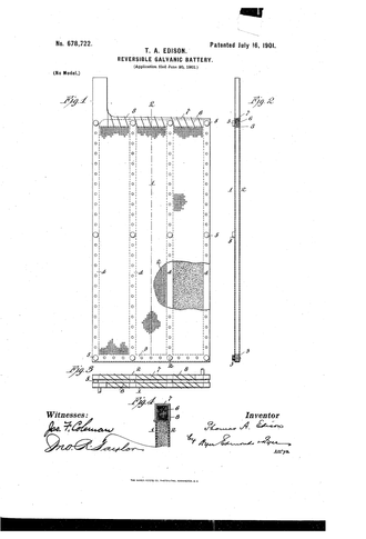 Et av patentene tilknyttet det såkalte Edison-batteriet, basert på Waldemar Jungers nikkel-jernbatteri fra 1899.