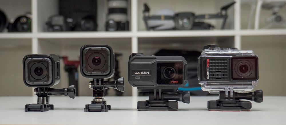 Vi har satt GoPro Hero5 Session (helt til venstre) opp mot (fra andre fra venstre) Hero4 Session, Garmin Virb XE og Garmin Virb Ultra 30.