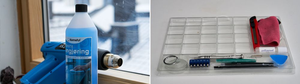 Varmepistol, isopropanol og iFixit-utstyr trengs.
