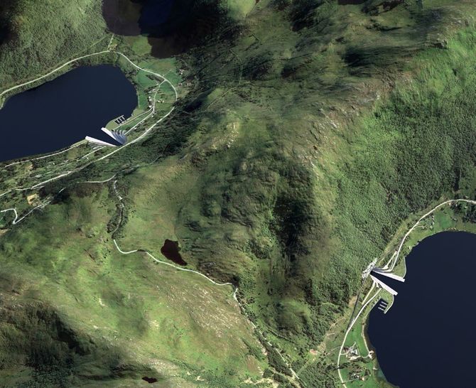 Flyfoto med inntegnet åpningene til skipstunnelen i Moldefjord og Kjødepollen ved Vanylvsfjorden.
