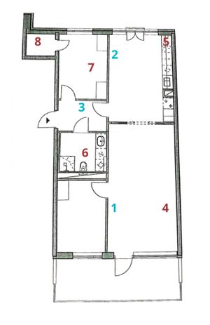 Slik ser testleiligheten ut: 1,2 og 3 er plasseringen av Airties-enhetene, 4-8 er de ulike testpunktene.