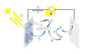 Bildet viser en type tredje generasjon organiske solceller som inneholder et lyshøstende organisk fargestoff koblet til grafén som det aktive laget: 1) Sollyset passerer gjennom en gjennomsiktig elektrode. 2) Solenergien absorberes av det organiske fargestoffet (på samme måte som planter bruker klorofyll). 3) Energien fra sollyset gjør at et elektron i fargestoffet eksiteres til et høyere energinivå og ladningsseparasjonen skjer. Dette elektronet kan nå bevege seg fritt gjennom den ytre kretsen hvor det kan gjøre arbeid. 4) Når elektronet når anoden blir det gjenforent med fargestoffet via en elektrolyttløsning ofte basert på jodid/trijodid, dette skjer i en prosess over flere steg. 5) Elektronet overføres til elektrolytten. 6) Elektrolytten kan overføre elektronet tilbake til fargestoffet, som da er klart for en ny syklus. I løpet av 20 år gjennomfører hvert fargestoff opptil 100 millioner sykluser.