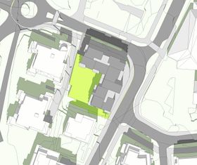 NYTT FORSLAG: Nybygget i Edv. Griegs vei 1, som er nå foreslått med seks etasjer, danner en vinkel som skjermer et innvendig gårdsrom. Klikk på bildet for høyoppløselig fullskjerm-versjon.