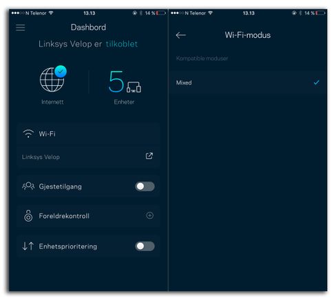 Linksys-appen har særdeles lite å by på av konfigurasjonsmuligheter til Velop. Vi får ikke engang velge hvilket bånd den skal sende på.