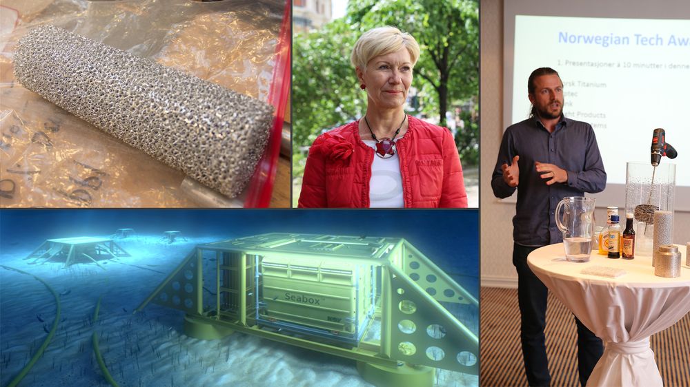 Anne Grete Ellingsen (midten) i GCE Node, Sondre Jacobsen fra Innsep (til høyre) og Seabox-grunder Helge Lunde tipser om hvordan man kan klare å stå ut et helt teknologiløp innen olje og gass. På bildet ser man for øvrig Innseps stålsvampteknologi (øverst til venstre) og Seabox´s vannrenseteknologi.