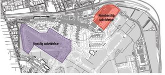 Tverrbanen 12/30 ligger tett inntil terminalene. Her kan du se hvordan den vestlige utvidelsen, markert med lilla, skal bygges over den stengningstruede landingsbanen.