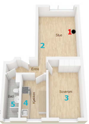 Testpunkter i testleiligheten. Den sorte prikken med rødt 1-tall ved siden av markerer ruterens plassering.