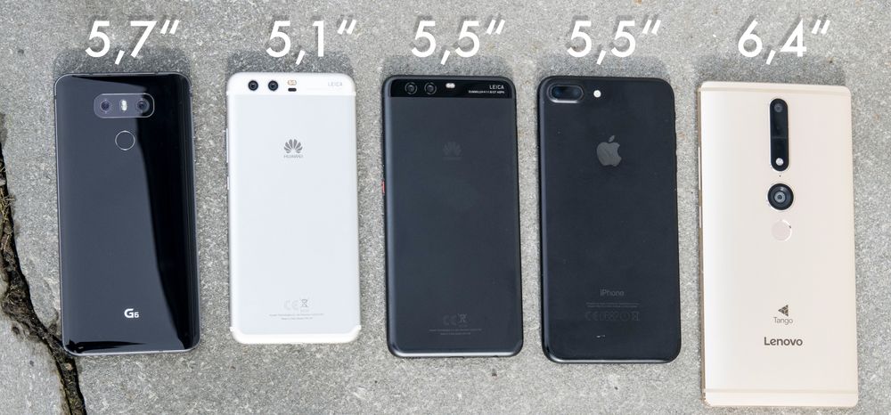 Fra venstre: LG G6, Huawei P10, Huawei P10 Plus, iPhone 7 Plus, Lenovo Phab 2 Pro. En av telefonene med størst skjerm her er faktisk en av de to minste. LG G6 har 5,7 tommers skjerm i ekstremt kompakt innpakning. Huaweis P10 Plus legger seg midt mellom den vanlige P10-modellen og Apples iPhone 7 Plus i størrelse.
