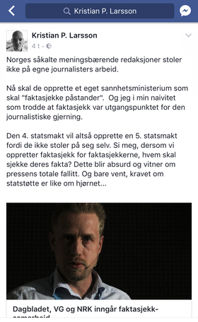Larssons opprinnelige og nå slettede Facebook-post.