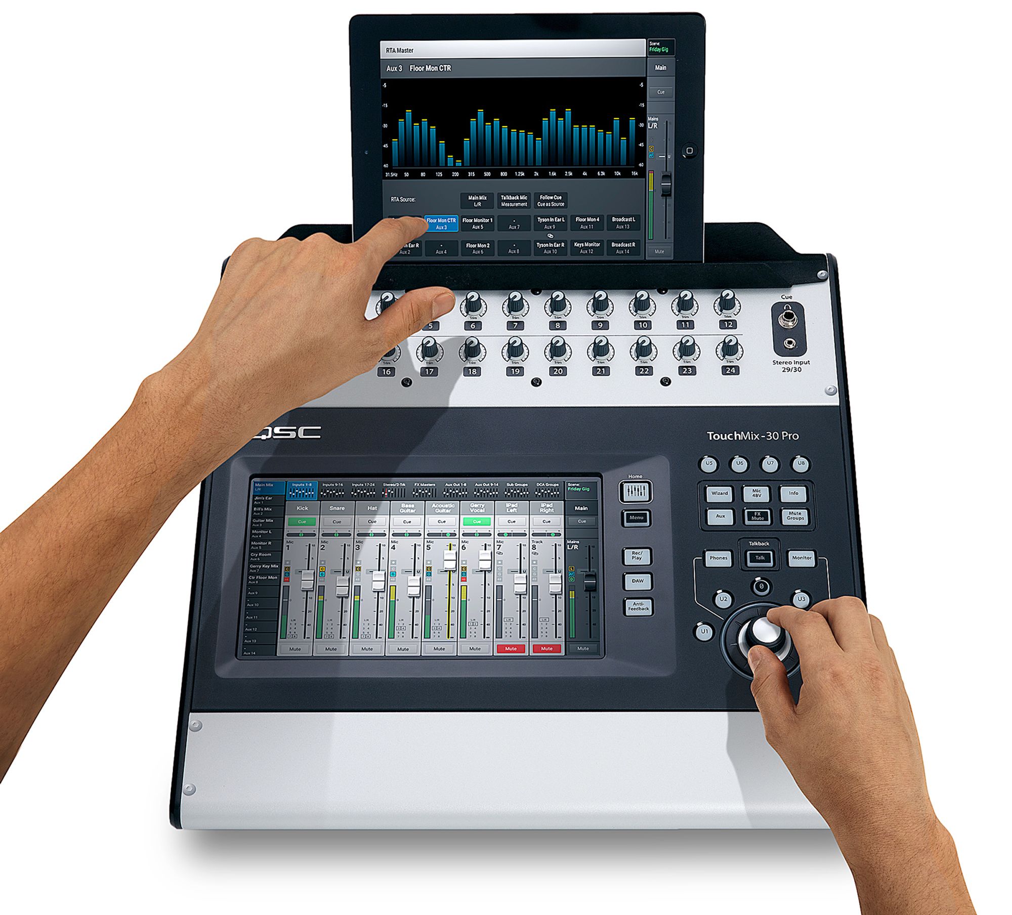 TouchMix-30 Pro fra amerikanske QSC. Mikseren har 30 spor, mulighet for opptak på harddisk, og kan styres via en app. Pris: 16.476,- eks. mva.
