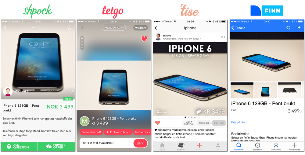 Slik ser det ut inne i annonsene på de forskjellige appene. Vi prøvde også å se hvor vi fikk solgt iPhonen vår først, og ble overrasket.