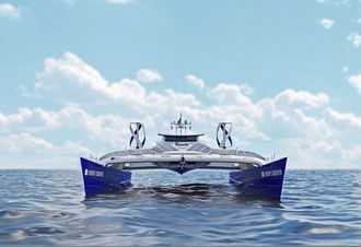 Slik ser prosjektledelsen for seg at Energy Observer skal ligge i vannet.