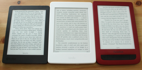 Paperwhites skjerm har 300ppi. Kobo og PocketBook har 212ppi, men vi merker ikke så stor forskjell på disse to og Paperwhite. (Trykk gjerne på bildet og velg ev. "Vis original" (mobil) for å se teksten på lesebrettene tydeligere.)