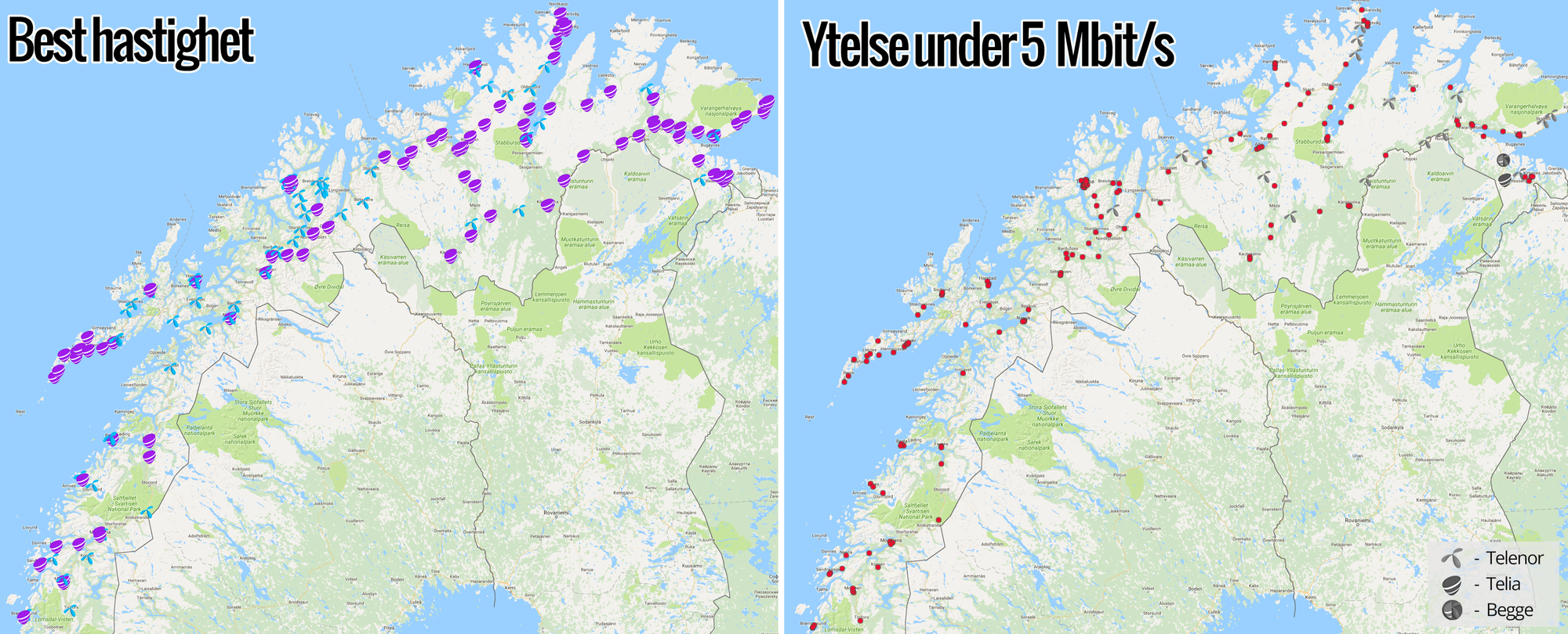 Kartet til venstre viser hvilken operatør som har høyest målt nedlastingshastighet på det aktuelle stedet. På kartet til høyre har vi markert hvilke operatører som har svært dårlige nedlastingshastigheter på det aktuelle målepunktet. Klikk på kartet for å zoome inn på områder, og klikk så på målepunktene for å se hvilke hastigheter vi målte akkurat der.