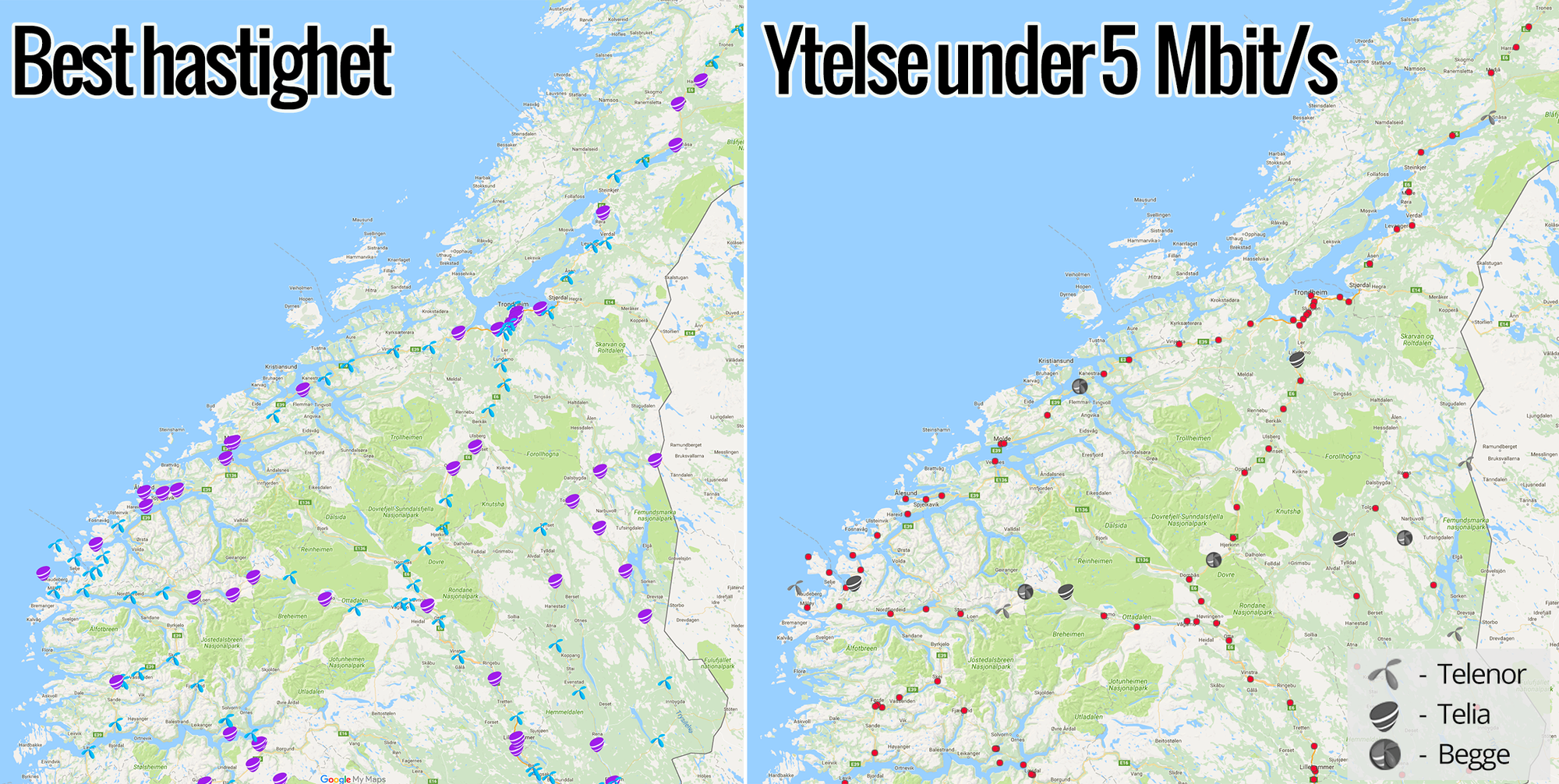 Kartet til venstre viser hvilken operatør som har høyest målt nedlastingshastighet på det aktuelle stedet. På kartet til høyre har vi markert hvilke operatører som har svært dårlige nedlastingshastigheter på det aktuelle målepunktet. Klikk på kartet for å zoome inn på områder, og klikk så på målepunktene for å se hvilke hastigheter vi målte akkurat der.