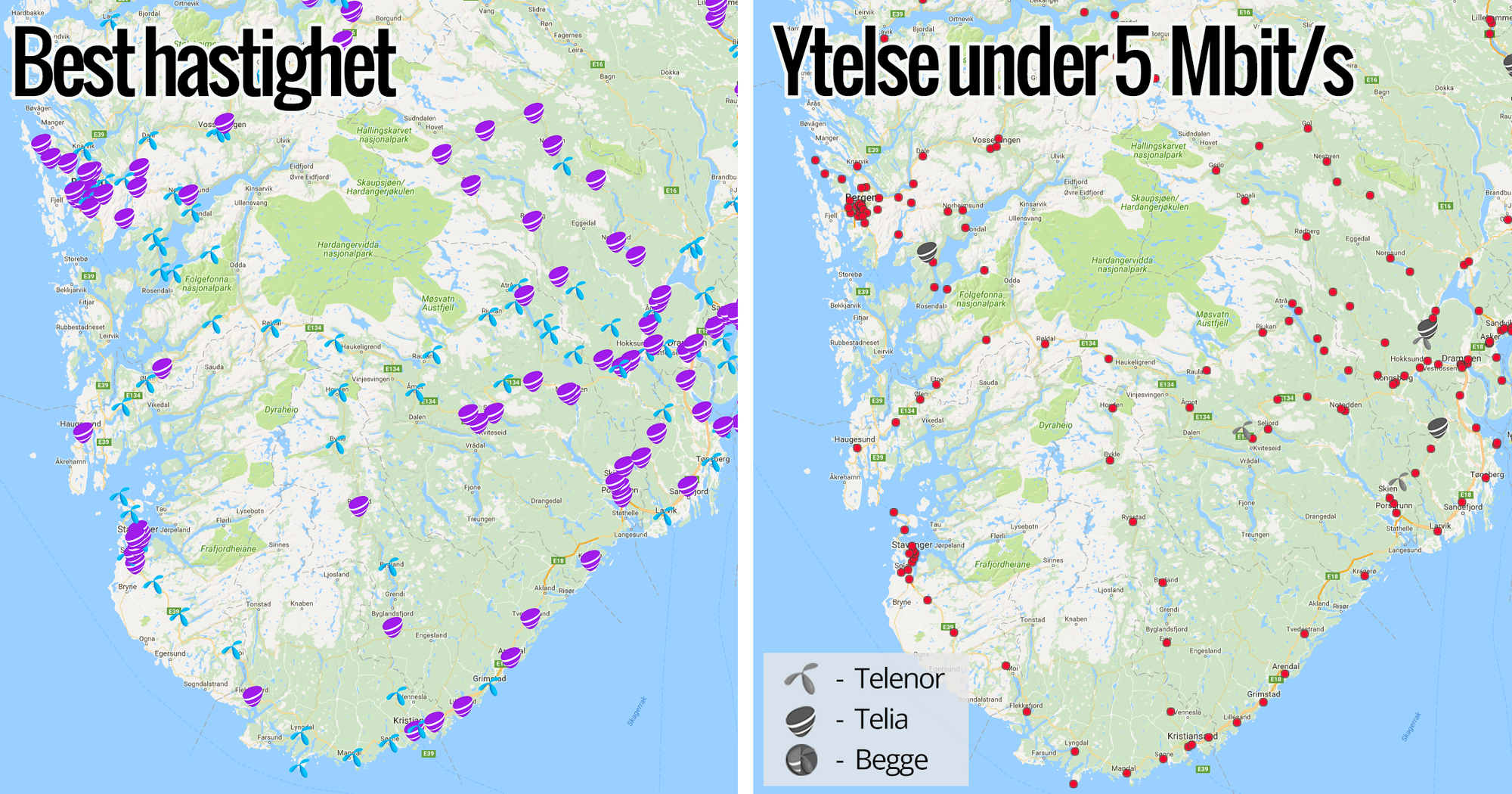 Kartet til venstre viser hvilken operatør som har høyest målt nedlastingshastighet på det aktuelle stedet. På kartet til høyre har vi markert hvilke operatører som har svært dårlige nedlastingshastigheter på det aktuelle målepunktet. Klikk på kartet for å zoome inn på områder, og klikk så på målepunktene for å se hvilke hastigheter vi målte akkurat der.