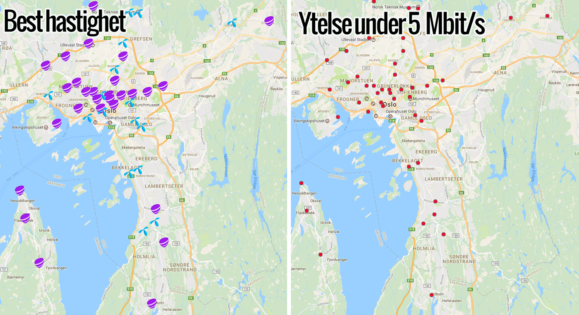 Kartet til venstre viser hvilken operatør som har høyest målt nedlastingshastighet på det aktuelle stedet. På kartet til høyre har vi markert hvilke operatører som har svært dårlige nedlastingshastigheter på det aktuelle målepunktet. Klikk på kartet for å zoome inn på områder, og klikk så på målepunktene for å se hvilke hastigheter vi målte akkurat der.