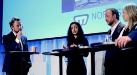 Debatt på nordiske mediedager, fra venstre: Kunnskapsminister Torbjørn Røe Isaksen (H), Aps nestleder Hadia Tajik, VG-kommentator Frithjof Jacobsen og politisk redaktør Trine Eilertsen.