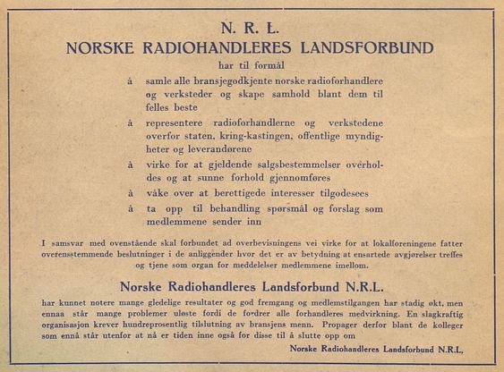 Egenannonse for NRL i Radiohandleren nr. 1/1946.