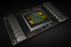 En render av den nye Volta-baserte GV100 GPU-en som sitter i utregningskortet Tesla V100.