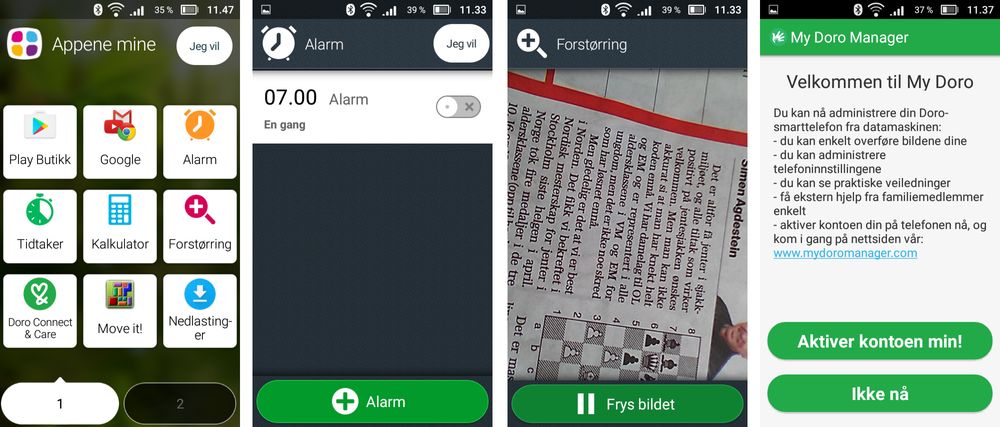 Noen apper rakk å bli favoritter, så som vekkerklokken og forstørrelsesappen. Det finnes også en skyløsning som lar en styre Doro 8030 fra en PC, for eksempel for å organisere eget innhold, eller å få hjelp av andre som ikke er i nærheten. Denne ble ikke brukt i testperioden. Utover første gangs oppsett og å bytte tastatur var det heller ikke behov for hjelp.