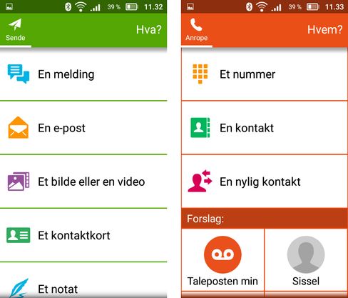 De kontekstbaserte menyene gjør det veldig enkelt å utføre de vanligste mobilhandlingene. Hva skal du gjøre? Jeg skal sende. Hva skal du sende? En melding. Hvem skal du sende til? Sånn fungerer mye av Doro-universet, og det er en genistrek for folk som ikke kan vanlige teknosymboler eller -sjargong.