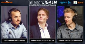 CASTERE: Fra venstre: Eskil «Fearsome» Uggen, ulian «DogSledder» Nash, Jonas «bsl» Alsaker Vikan skal kommentere vårfinalene på TV 2 Sumo.