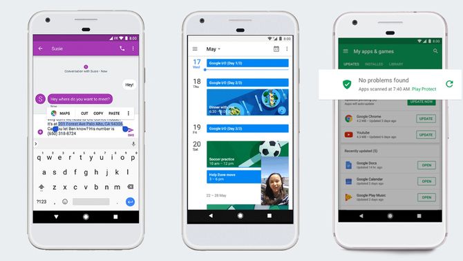 Fra venstre: 1) Funksjonen for å merke tekst har blitt smartere. 2) Bilde-i-bilde-funksjon er en av nyhetene i Android O. 3) Google Play Protect sjekker apper for skadevare.