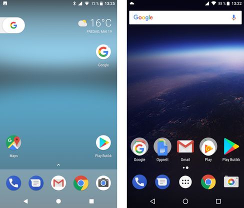 Telefonene beholder designpreget de har, selv om de kjører Android O. Til venstre er hjemmeskjermen fra Google Pixel, mens den til høyre er Google Nexus 6P - begge oppdatert til siste beta-versjon.