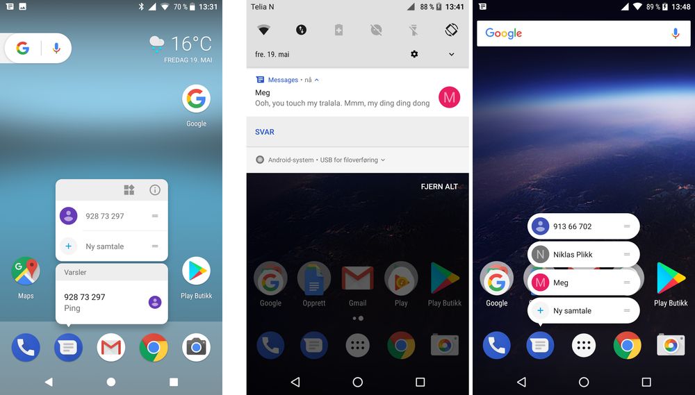 Til venstre en Google Pixel XL med Android O og til høyre en Nexus 6P med samme Android-versjon. Det er altså ulikheter i hvordan versjonene for telefonene oppfører seg. Her må man ha en Pixel for å få forhåndsvisninger om man holder fingeren på appikonet.