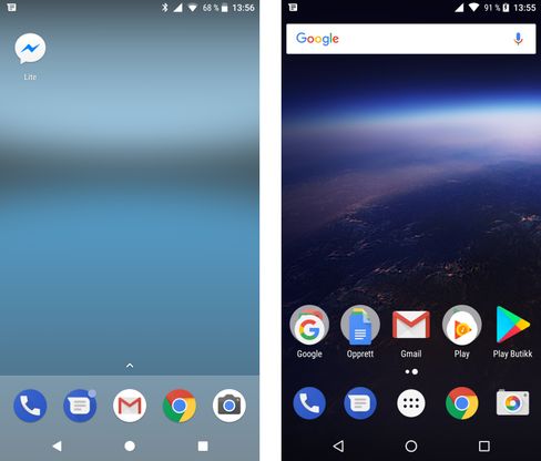 Det har akkurat kommet inn en melding på Pixel og Nexus 6P. Til venstre ser du at Pixel varsler den med en liten prikk over meldingsikonet, mens Nexus 6P ikke gjør det samme. I hvert fall ikke foreløpig.