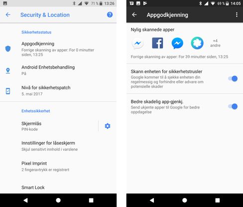 Sikkerhetsfunksjoner er samlet på ett sted, og gir en svært hendig oversikt over hvor trygg enheten er. Her er funksjonaliteten lik mellom Pixel XL og Nexus 6P. Skjermdumpene er fra Pixel.
