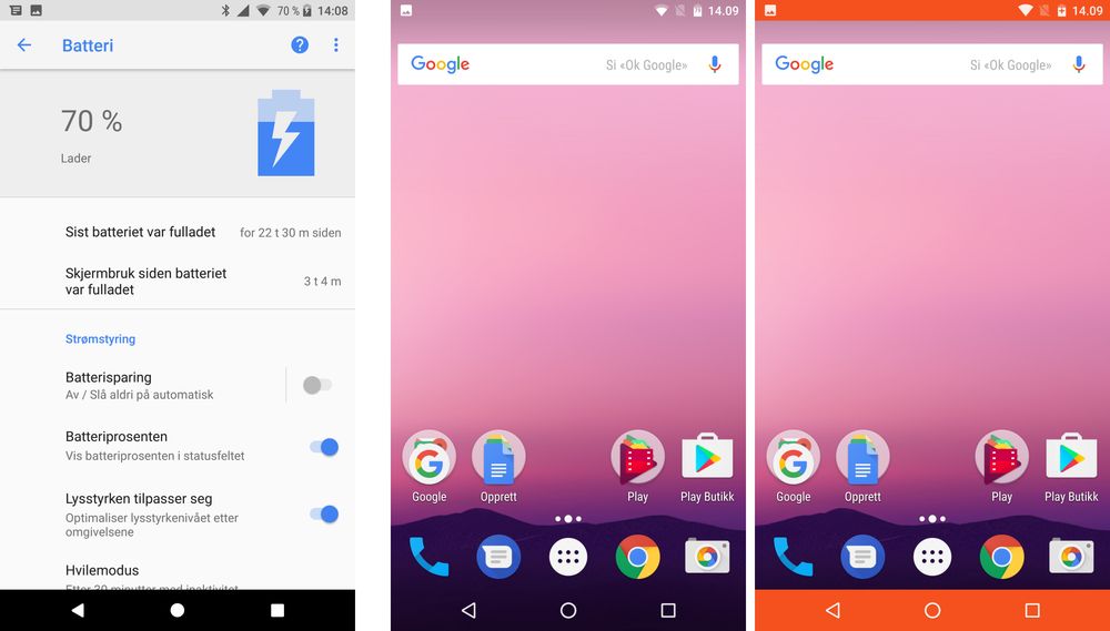 Android 7 har hatt muligheter til å vise batteriprosent. På en måte. Man må aktivere en utviklermeny ved å holde inne tannhjulikonet i nedtrekksmenyen lenge, før man får menyen som gir mulighet til å se prosent inni batteriet. Den overskrives av symbolet som viser at batterisparing er på. Til venstre ser du hvordan det fungerer på Pixel XL med Android O, mens de to bildene til høyre er fra Motorola og Googles Nexus 6 med Android 7.0.