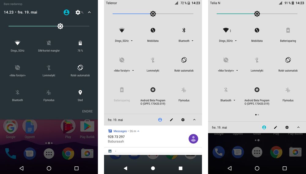 Tre Google-telefoner, to ulike Android-versjoner. Fra venstre: Nexus 6 med Android 7.0 før Google Pixel XL og Nexus 6P, begge med Android O.