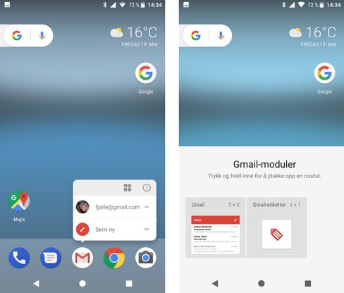 I de mange små og store forskjellene på Android O og tidligere modeller er dette ganske nyttig. På Pixel får man nemlig se en oversikt over modulene som hører til hver enkelt app om man trykker på firkantsamlingen oppe til venstre i menyen som dukker opp. Dermed slipper man å bla seg gjennom et villniss av ulike hjemmeskjermsmoduler om man vet akkurat hvilken man ønsker å legge til. Nexus 6P har ikke denne funksjonen, selv om den også kjører siste utgave av Android O.